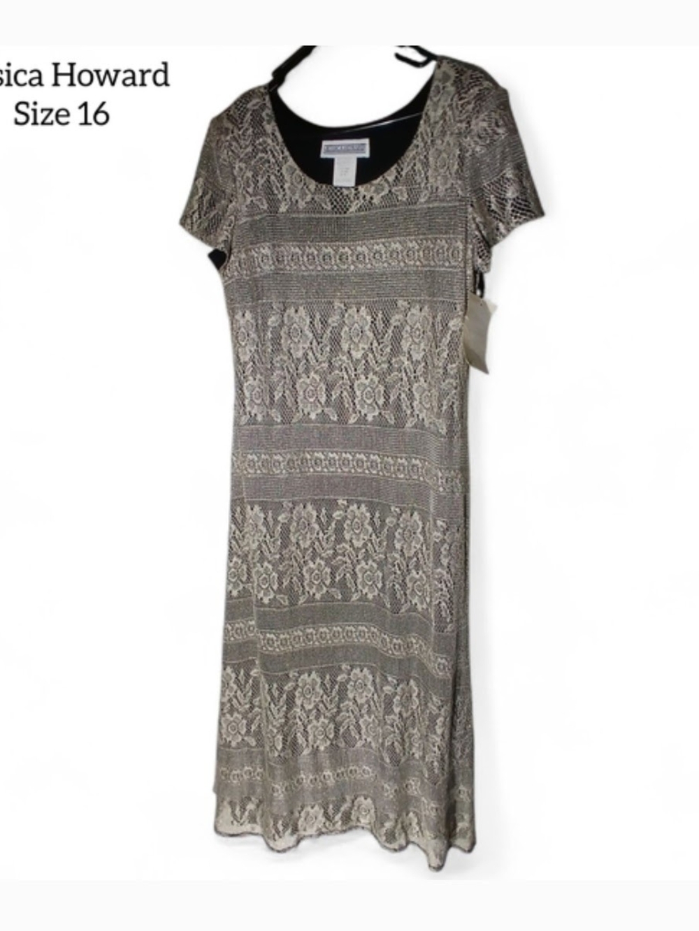 VTG Jessica Howard Metallic Gold Lace Maxi Dress NWT Size 16 Made in USA